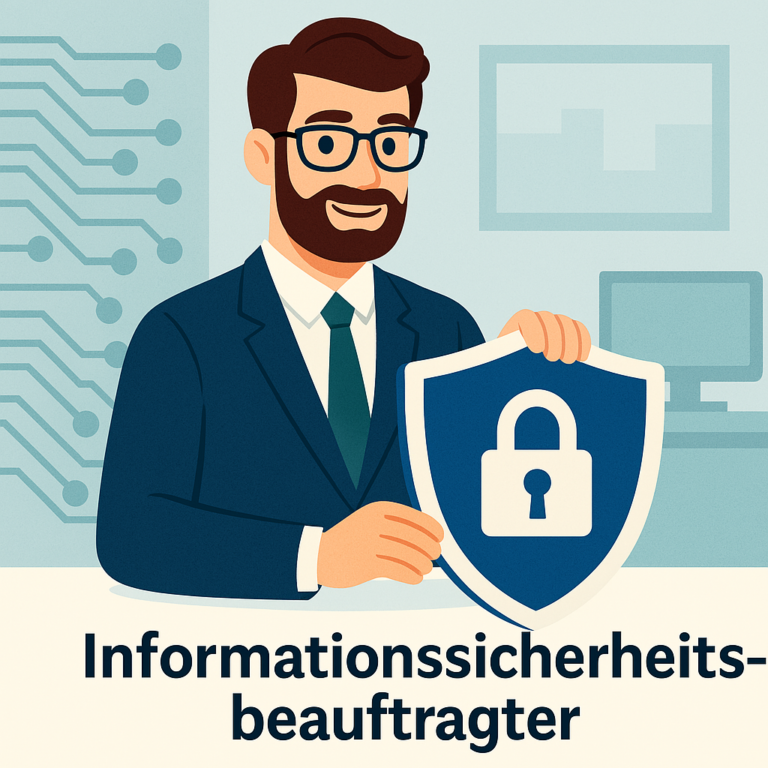 Mann am Schreibtisch und hält ein Schutzschild mit einem Schloss-Symbol in der Hand. Darunter der Titel "Informationssicherheitsbeauftragter", KI-generiert