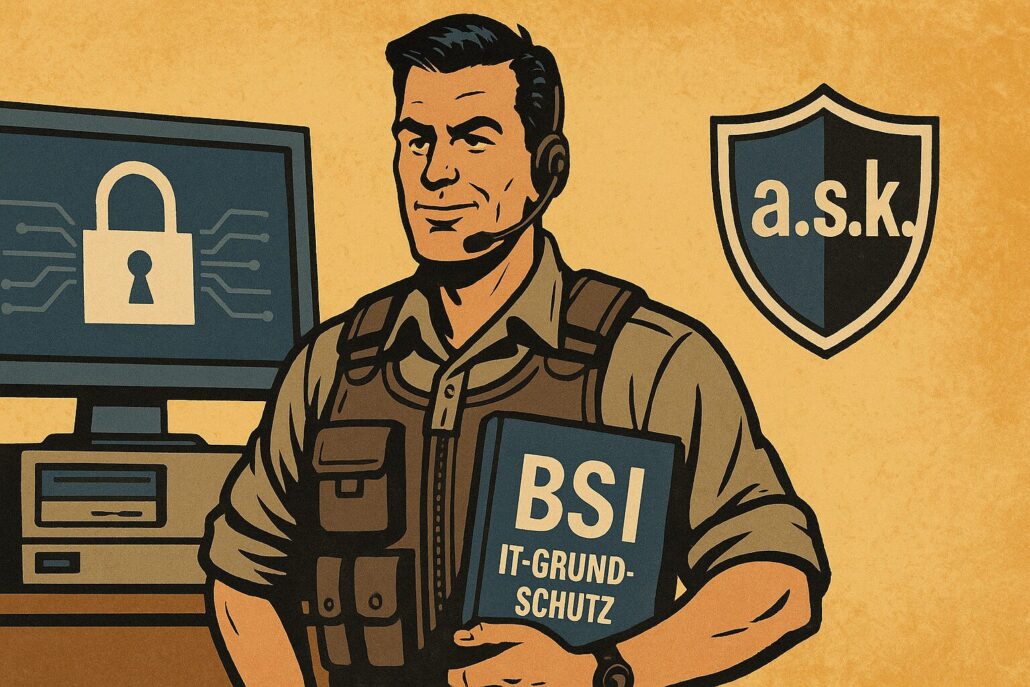Mann mit Weste und Headset steht vor einem gesperrten PC. Man sieht ein Schloss-Symbol auf dem Bildschirm. In der einen Hand hält er einen Ordner mit der Aufschrift "BSI IT-Grundschutz Praktiker". Im Hintergrund hängt ein Schild mit der Aufschrift "a.s.k."