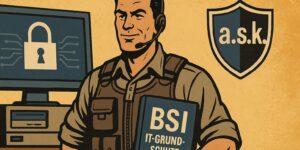 Mann mit Weste und Headset steht vor einem gesperrten PC. Man sieht ein Schloss-Symbol auf dem Bildschirm. In der einen Hand hält er einen Ordner mit der Aufschrift "BSI IT-Grundschutz Praktiker". Im Hintergrund hängt ein Schild mit der Aufschrift "a.s.k."