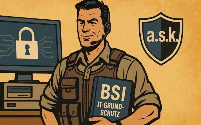 Mann mit Weste und Headset steht vor einem gesperrten PC. Man sieht ein Schloss-Symbol auf dem Bildschirm. In der einen Hand hält er einen Ordner mit der Aufschrift "BSI IT-Grundschutz Praktiker". Im Hintergrund hängt ein Schild mit der Aufschrift "a.s.k."