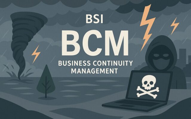 Düsteres Bild im Comic-Stil: In der Mitte der Schriftzug BSI BCM Business Continuity Management. Rechts und links Blitze und ein Tornada. Im Hintergrund ein Hacker mit Hoodie