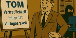 Mann im Anzug steht vor einer Tafel mit der Aufschrift TOM und darunter die Begriffe Vertraulichkeit, Integrität und Verfügbarkeit. Im Hintergrund sitzt ein Hacker an einem Computer.