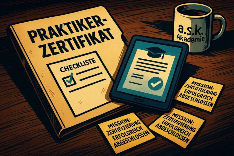 Bild im Comic-Stil: AUf einem Schreibtisch liegt eine Checkliste zur Vorbereitung auf das BSI Grundschutz Praktiker Zertifikat. Daneben ein Zettel mit dem Aufdruck "Mission erfolgreich abgeschlossen". Dazwischen liegt das offizielle, bestandene Zertifikat. Im Hintergrund eine Tasse mit dem Aufdruck "a.s.k. Akademie"