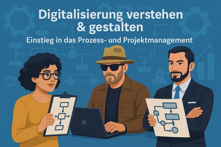 Eine Frau und ein Mann im Comic-Stil stehen links und rechts im Bild mit einem Ablaufdiagramm in der Hand. In der Mitte tippt ein Mann mit Hut und Sonnenbrille etwas in ein Laptop