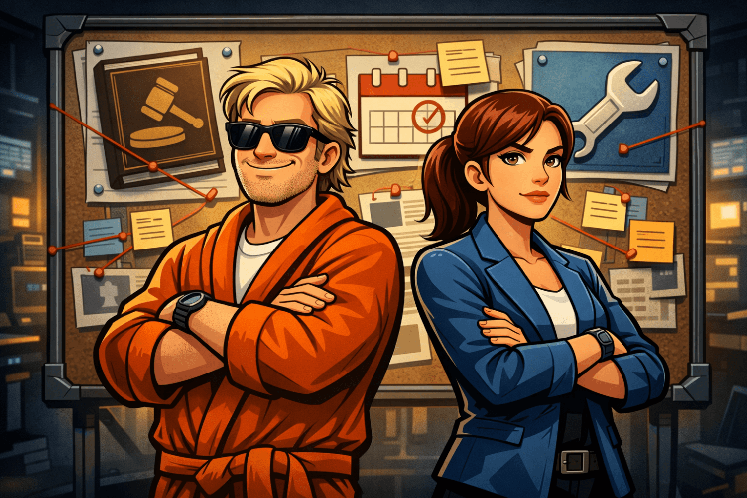 Agentin Cipher und der Datenschutz Dude stehen vor einer Pinnwand mit Plänen und Werkzeugen – das Symbol für das regelmäßige Wissens-Update per Newsletter der Akademie.