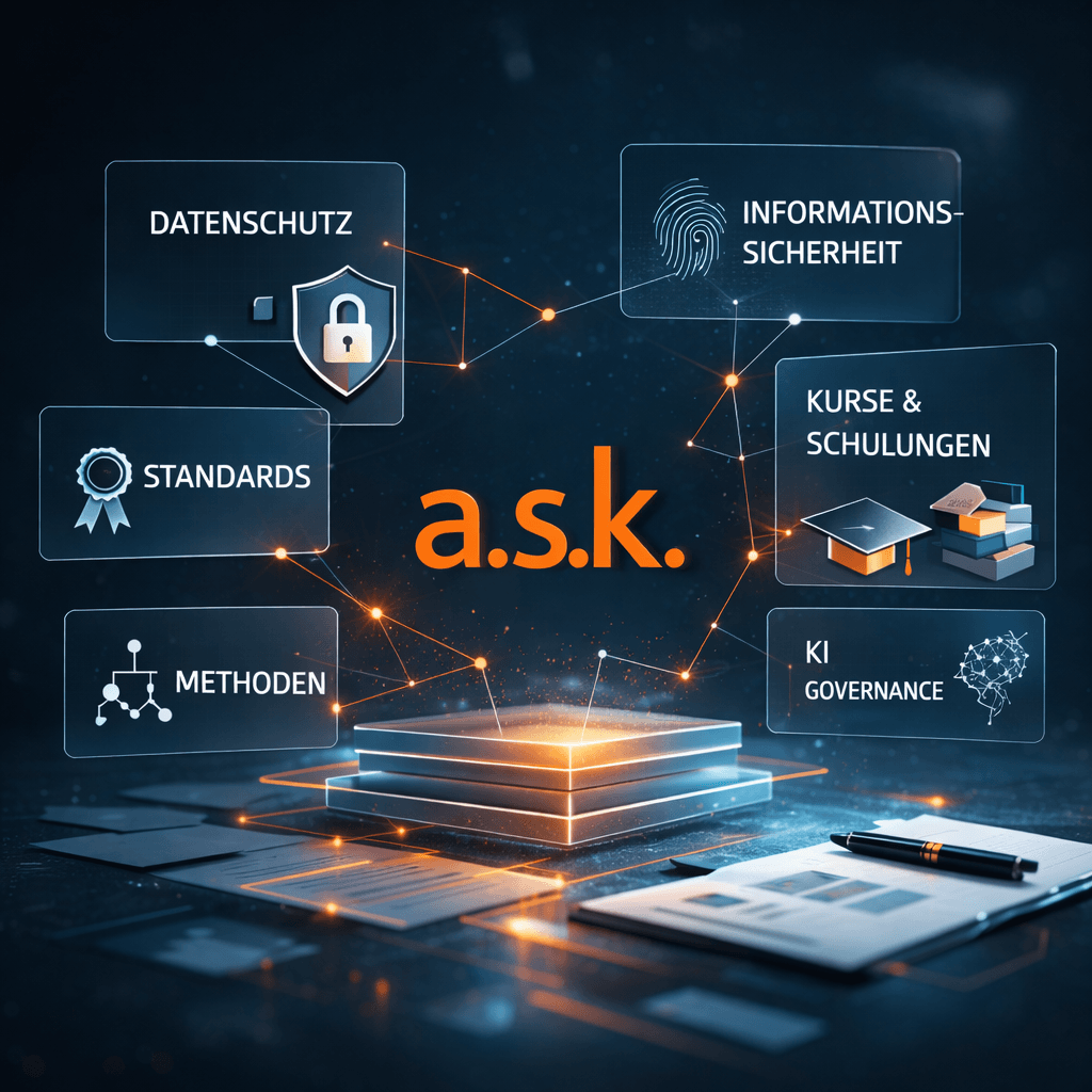 Zentrale Grafik der a.s.k. Akademie: Vernetzte Cyber-Sicherheitsbereiche wie ISO 27001, BSI-Grundschutz, NIS2 und KI-Governance in modernem HUD-Design.