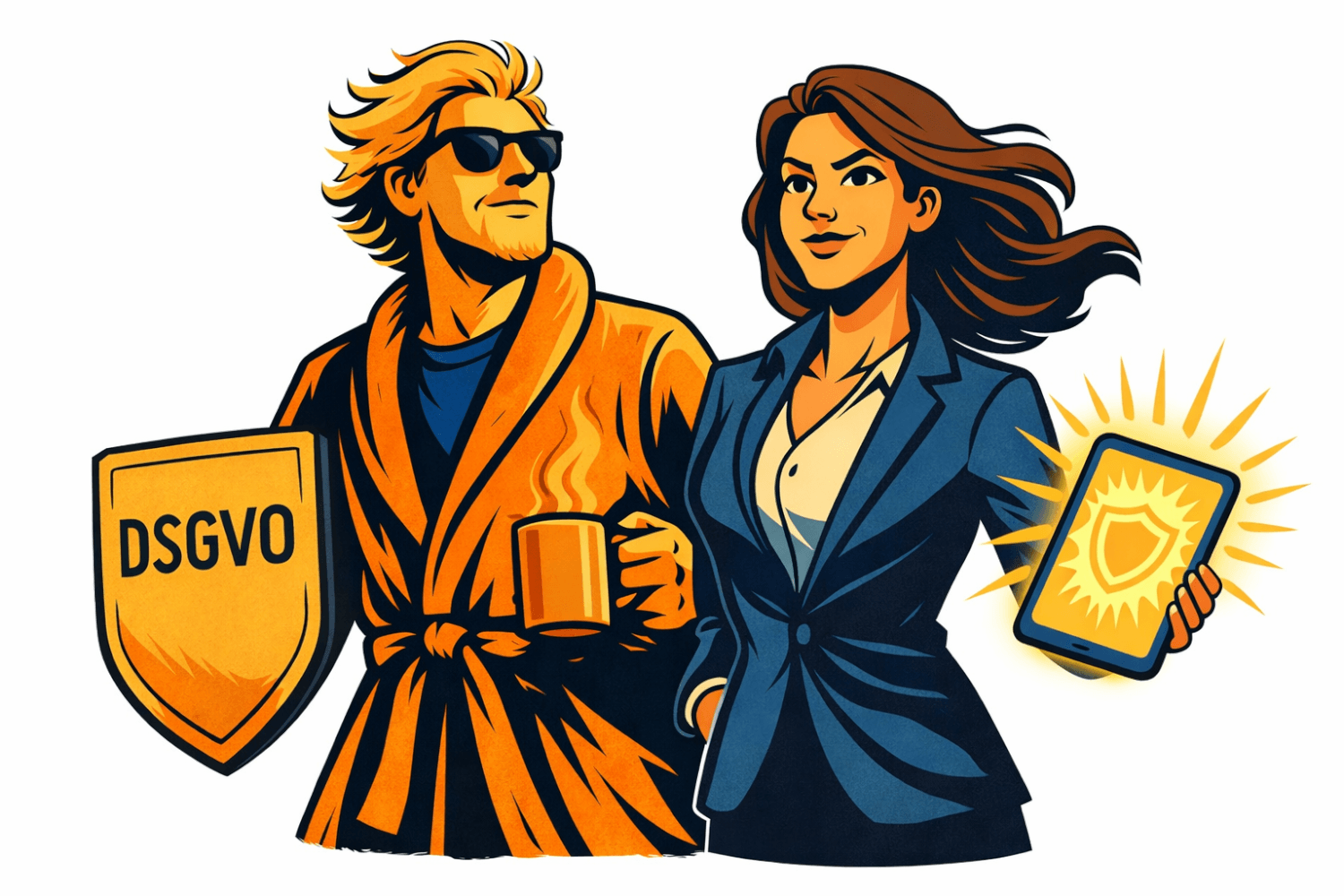 Illustration der a.s.k. Akademie: Agentin Cipher und der Datenschutz Dude präsentieren die Schulungsmethodik für Informationssicherheit und Datenschutz.