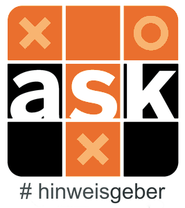 Logo a.s.k. Hinweisgeberschutz mit Tic-Tac-Toe-Muster und Hashtag hinweisgeber
