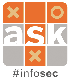 Logo a.s.k. Informationssicherheit mit Tic-Tac-Toe-Muster und Hashtag infosec.
