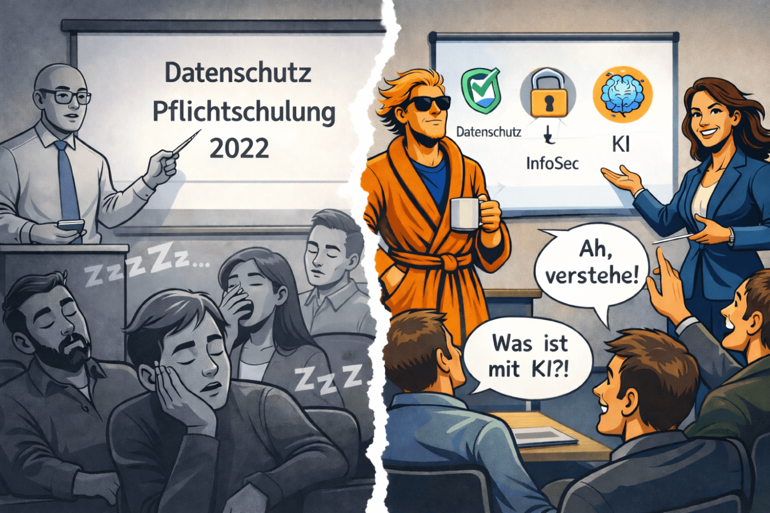 Visueller Vergleich der a.s.k. Methode: Links eine triste, langweilige Mitarbeiterschulung („Pflichtschulung 2022“) mit schlafenden Teilnehmern; rechts die moderne, farbenfrohe a.s.k. Akademie mit dem Datenschutz Dude und Agentin Cipher, die ein Team interaktiv für Datenschutz und KI begeistern.