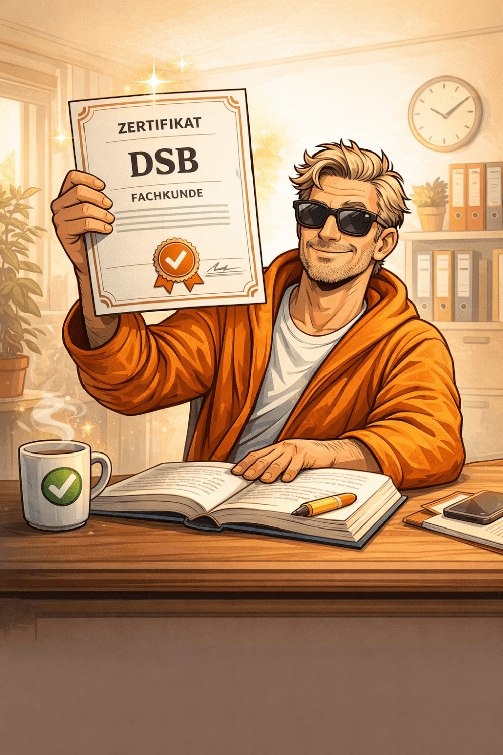 Der Datenschutz Dude im orangefarbenen Bademantel hält stolz sein Ausbildungszertifikat hoch – Symbol für die praxisnahe DSB- und ISB-Ausbildung der a.s.k. Akademie