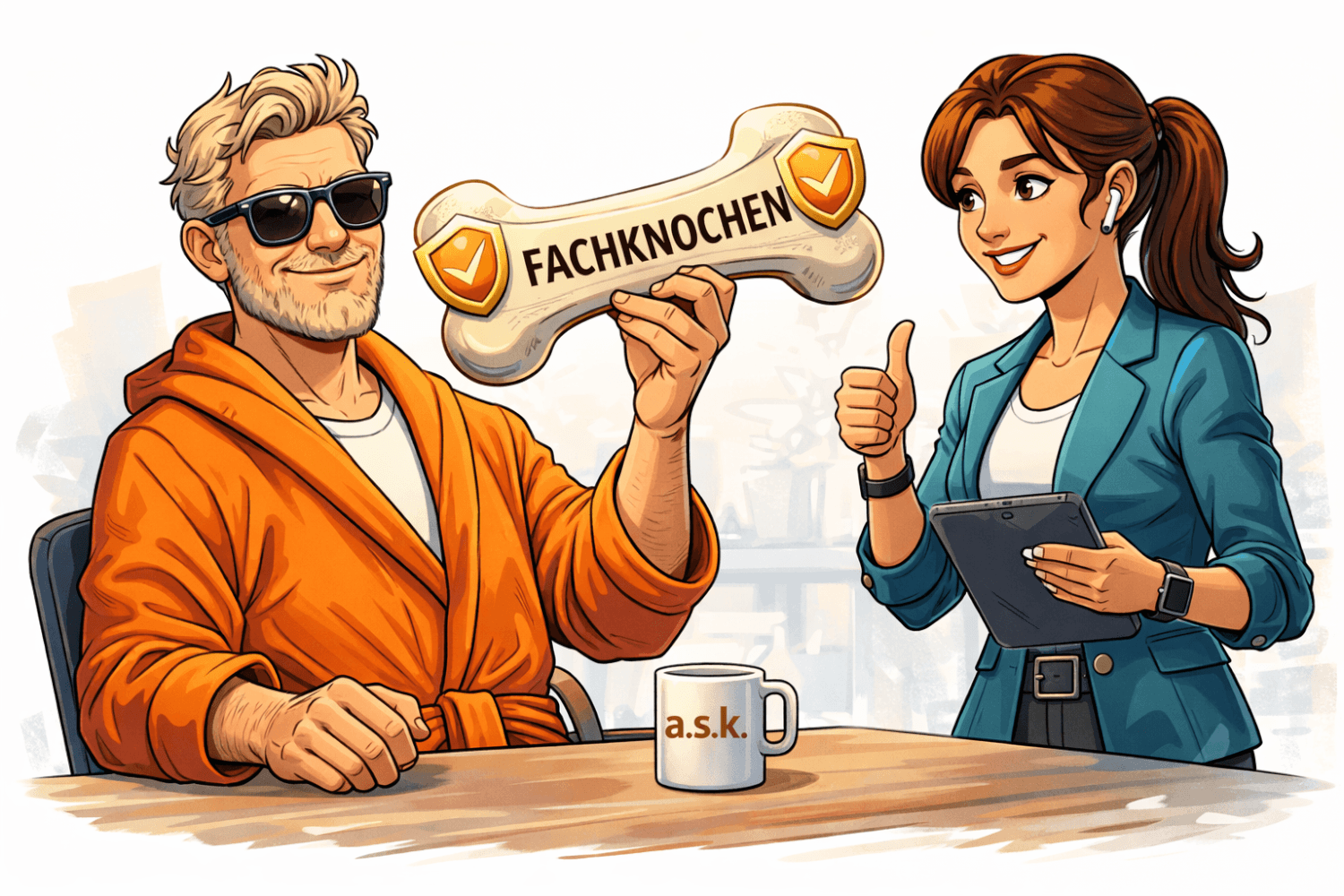 Der Datenschutz Dude im orangefarbenen Bademantel hält stolz den Fachknochen hoch – Agentin Cipher mit Tablet gibt Daumen hoch. Die a.s.k.-Kaffeetasse auf dem Tisch. Symbol für solides Praxiswissen nach einer Ausbildung bei der a.s.k. Akademie.