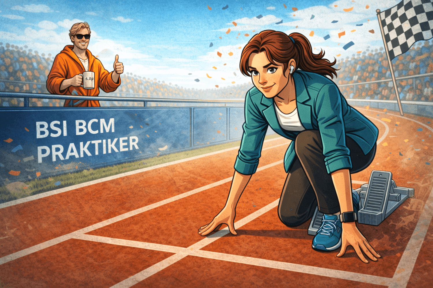 Agentin Cipher in Startposition auf der Laufbahn – der Datenschutz Dude feuert sie mit Kaffeetasse und Daumen hoch an. Im Hintergrund: BSI BCM Praktiker. Symbolbild für den Start in die BCM-Ausbildung der a.s.k. Akademie