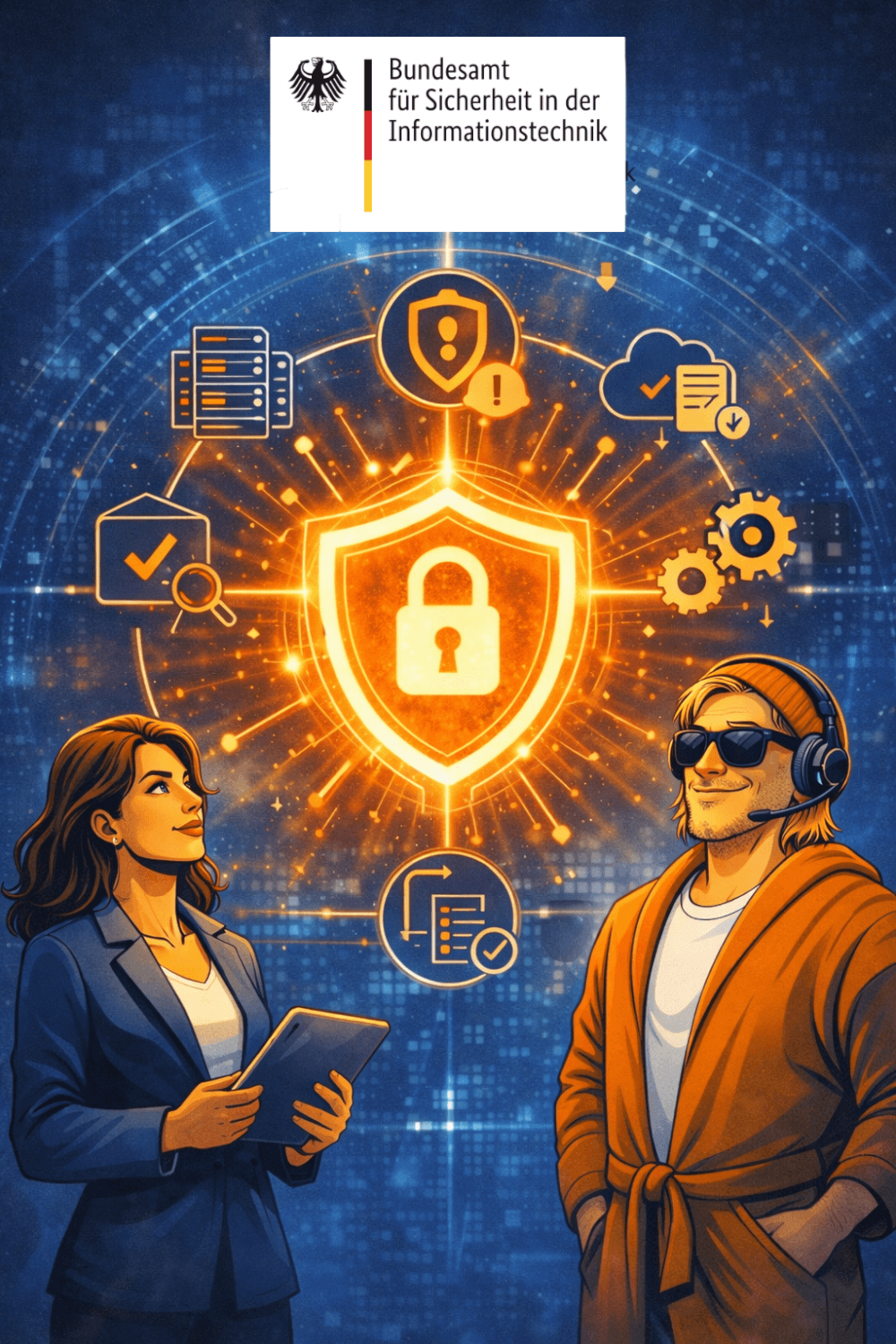 Grafische Darstellung der Lehrinhalte zum BSI IT-Grundschutz und BCM mit Agentin Cipher, dem Datenschutz Dude und dem offiziellen Logo des Bundesamtes für Sicherheit in der Informationstechnik