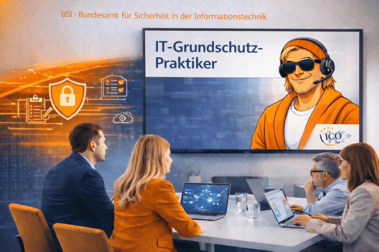 Teilnehmer in einem modernen Konferenzraum betrachten ein Online-Webinar zum BSI IT-Grundschutz Praktiker mit dem Datenschutz Dude auf dem Monitor.