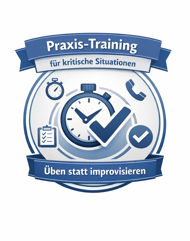 Offizielles Badge der a.s.k. Akademie für Stufe 1 der Tabletop-Übung – Praxis-Training für kritische Situationen. Motiv: Stoppuhr mit Häkchen, Checkliste und Telefon. Untertitel: Üben statt improvisieren.