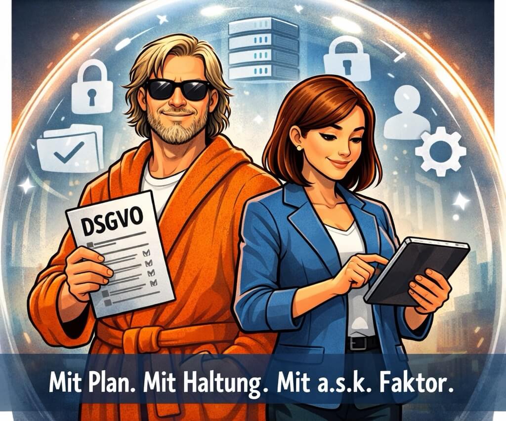 Die Protagonisten der a.s.k. Akademie: Datenschutz Dude und Agentin Cipher als Begleiter für kurzweilige Schulungen