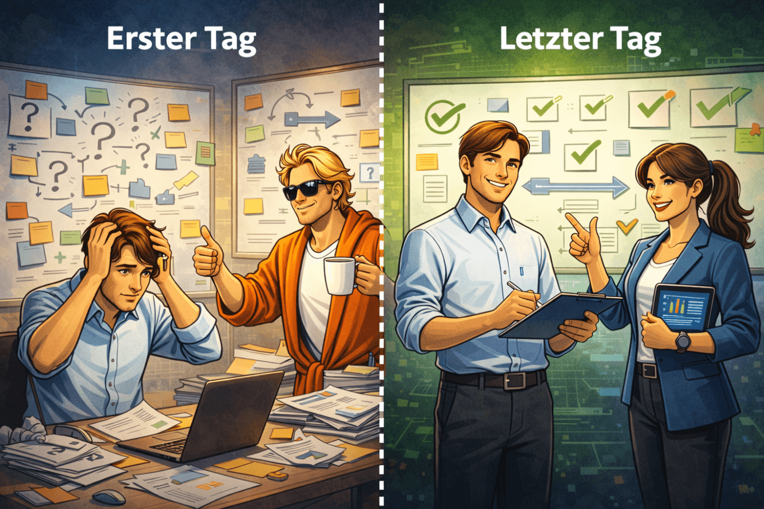 Darstellung einer DSB-Ausbildung an der a.s.k. Akademie: Teilnehmer entwickelt sich vom überforderten Einsteiger zum souveränen Datenschutzbeauftragten mit Unterstützung von Datenschutz Dude und Agentin Cipher