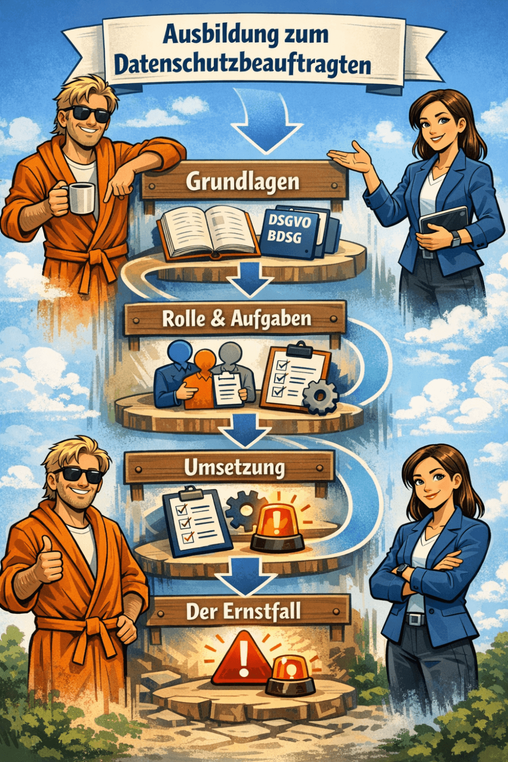 Visualisierung des Lehrplans einer Ausbildung zum Datenschutzbeauftragten an der a.s.k. Akademie mit vier Modulen von Grundlagen bis Ernstfall, begleitet von Datenschutz Dude und Agentin Cipher