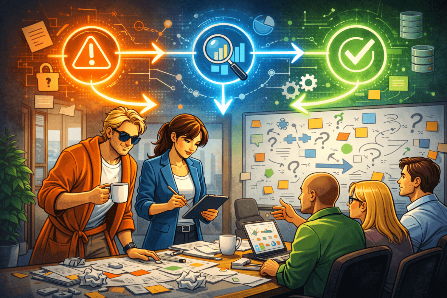 Agentin Cipher (mit Tablet) und der Datenschutz Dude (im Bademantel mit Kaffeetasse) leiten eine Inhouse-Schulung für ein Team. Im Hintergrund visualisiert eine Grafik den Prozess von Risikoanalyse zu rechtssicherer Umsetzung (Zertifiziert).