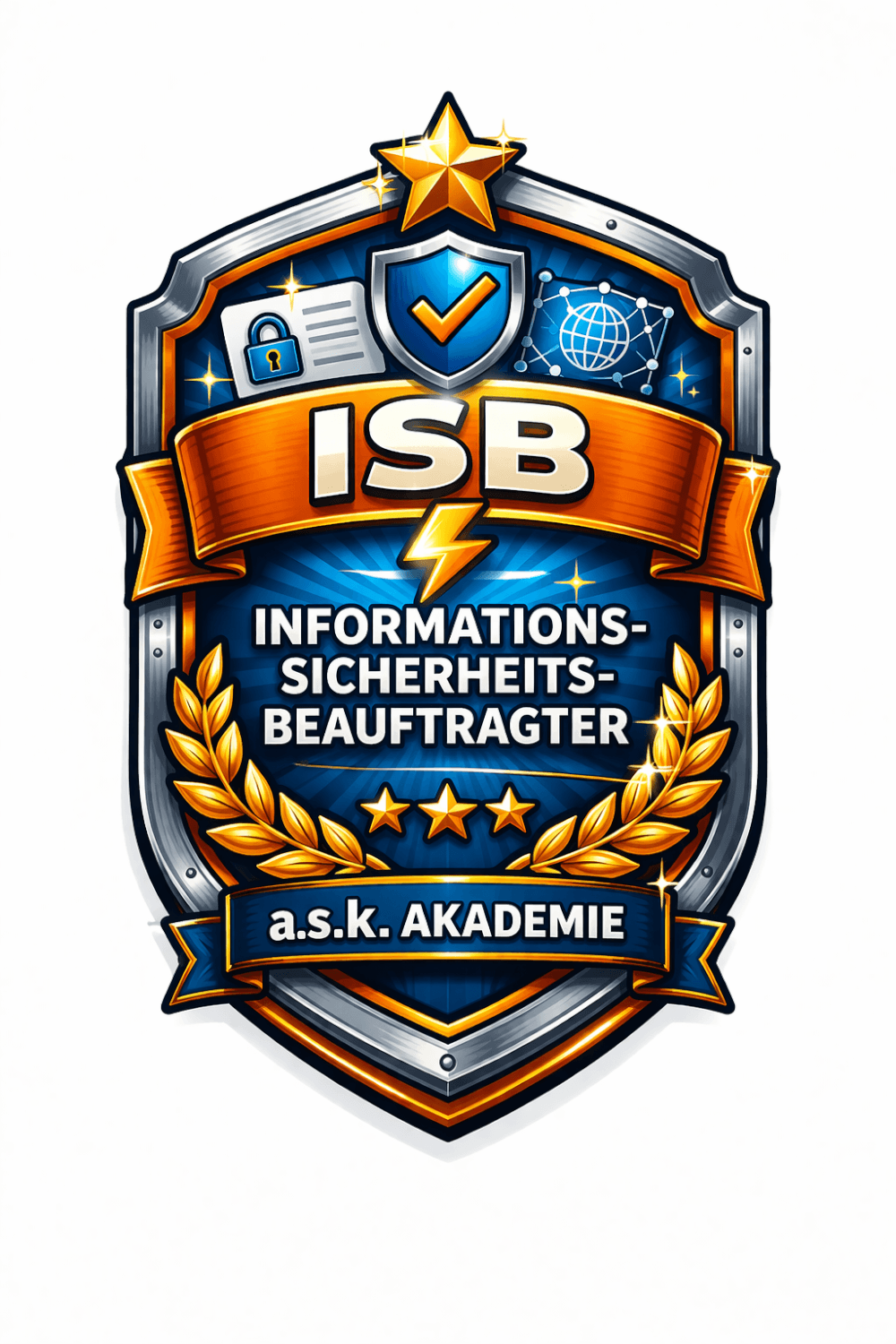 Badge zur Ausbildung zum Informationssicherheitsbeauftragten mit Schildsymbol, Sicherheits-Icon und a.s.k. Akademie Branding auf weißem Hintergrund