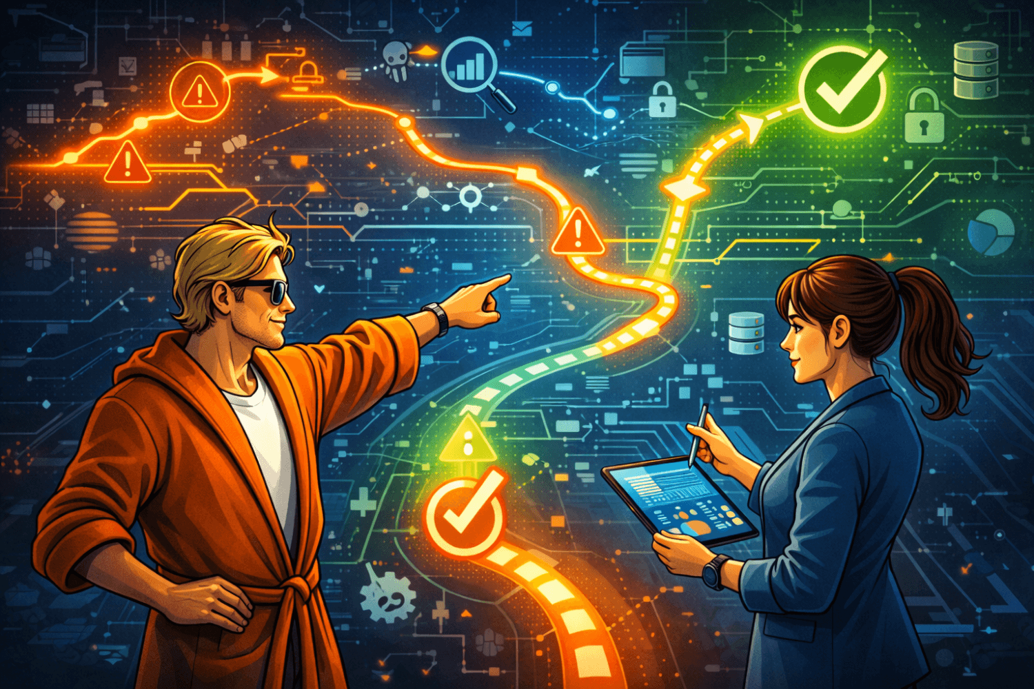 Darstellung einer Ausbildung zum Informationssicherheitsbeauftragten: sichere Routen und Risiken werden in einem digitalen Kontrollraum von Datenschutz Dude und Agentin Cipher analysiert und gesteuert - a.s.k. Akademie