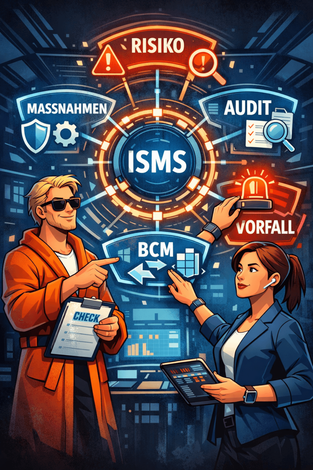 Visualisierung eines Informationssicherheitsmanagementsystems (ISMS) mit den Bereichen Risiko, Massnahmen, Audit, Vorfall und BCM, dargestellt mit Datenschutz Dude und Agentin Cipher