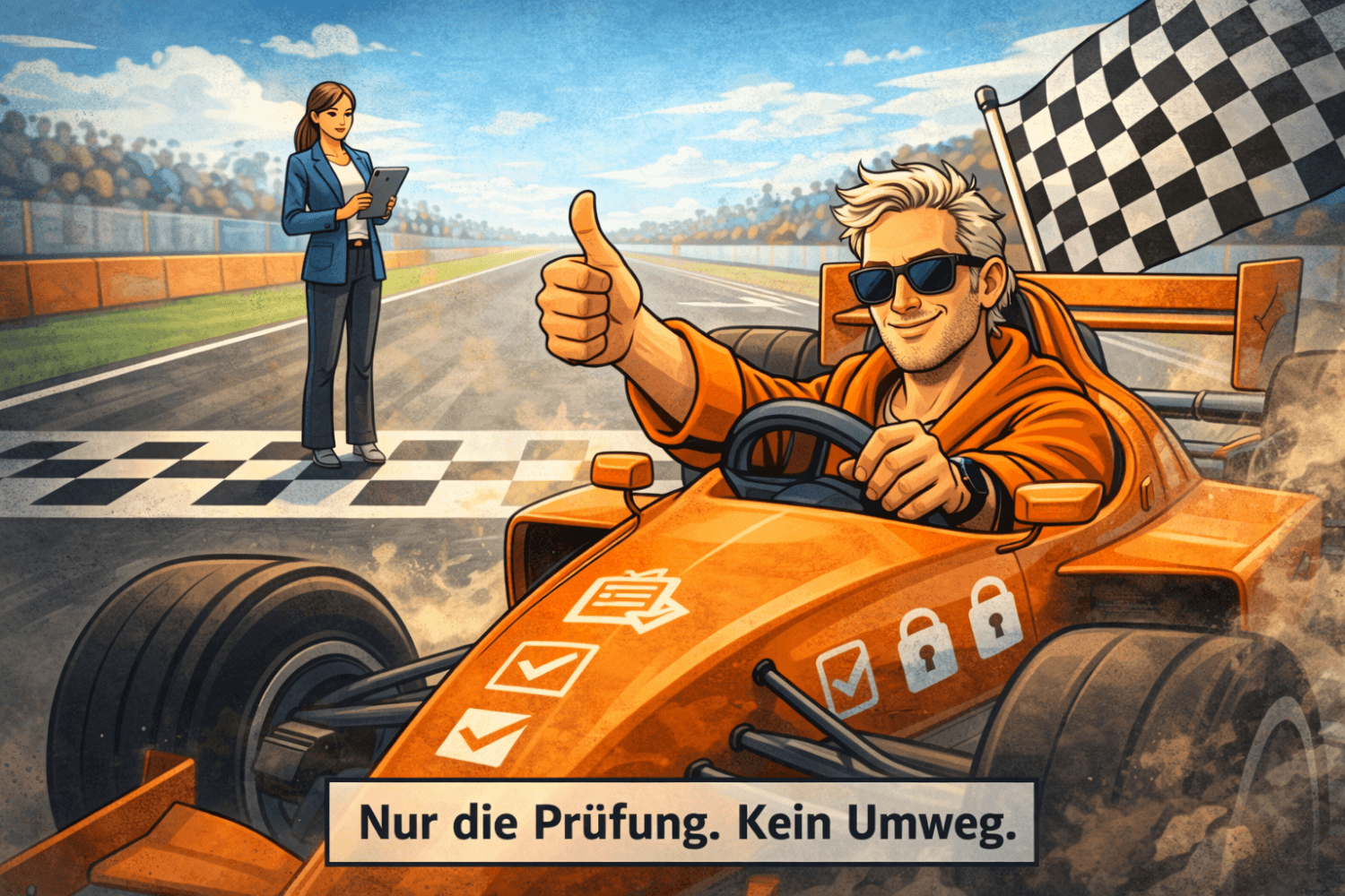 Comic-Illustration: Der Datenschutz Dude im Bademantel rast im Formel-Rennwagen (mit Checklisten-Symbolen) durchs Ziel. Agentin Cipher steht im Hintergrund mit Tablet und Zielflagge. Das Bild symbolisiert den direkten Weg zur Zertifikatsprüfung.