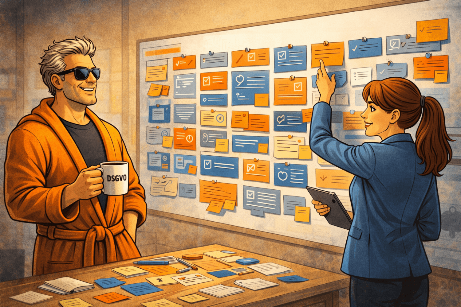 Datenschutz Dude und Agentin Cipher planen Schulungen an einer Übersicht mit Kursen und Terminen für Datenschutz und Informationssicherheit - KI generiert