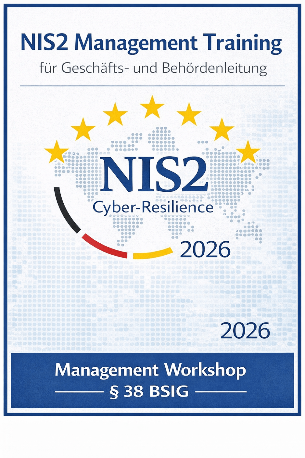 Ein rundes, golden-blaues Siegel mit einer stilisierten Weltkugel und dem zentralen Schriftzug „NIS2“. Das Badge symbolisiert die Management-Kompetenz gemäß den neuen EU-Richtlinien