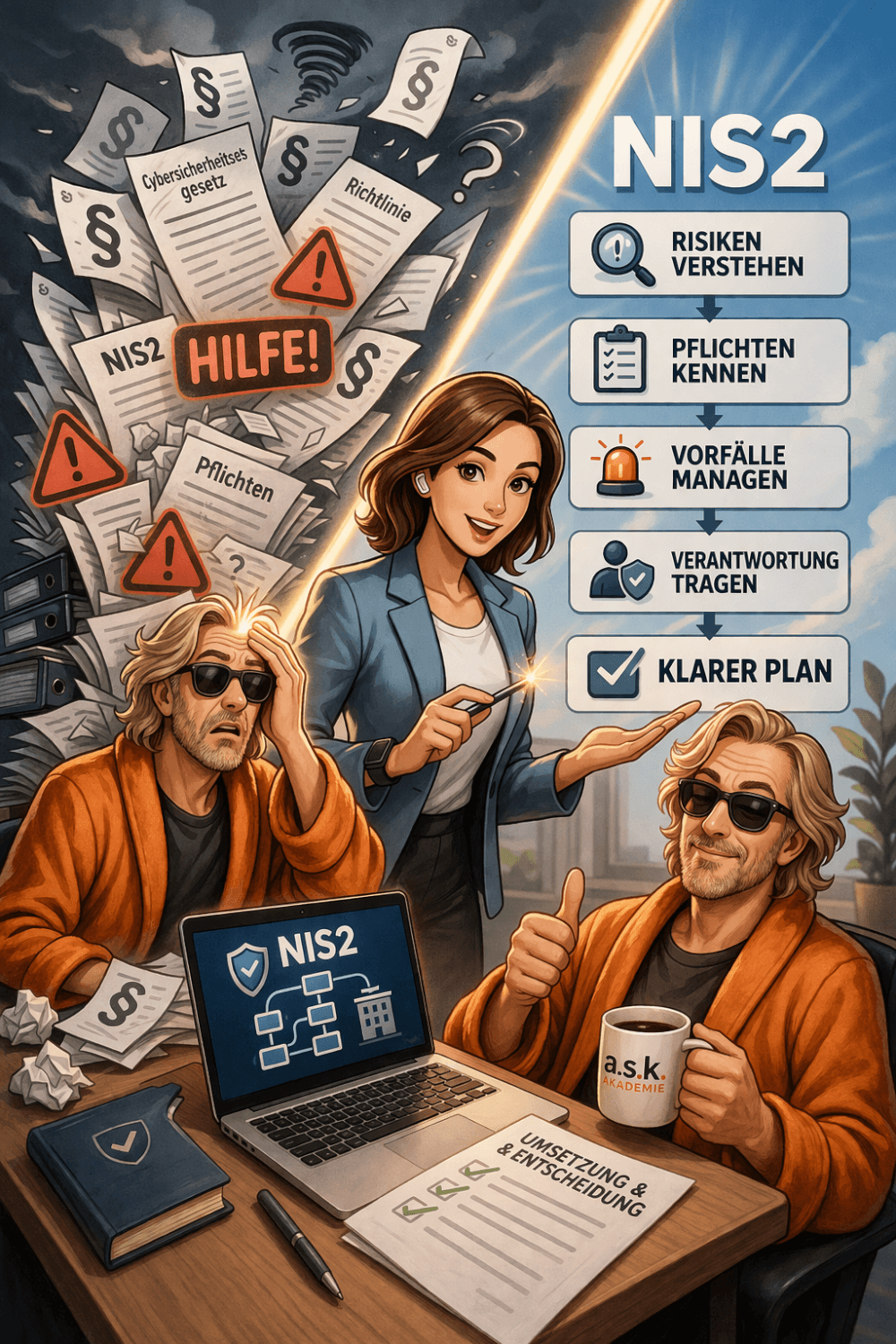 Illustration zum NIS2-Webinar: Führungskraft erhält einen klaren Überblick über Risiken, Pflichten und Sicherheitsvorfälle und trifft fundierte Entscheidungen