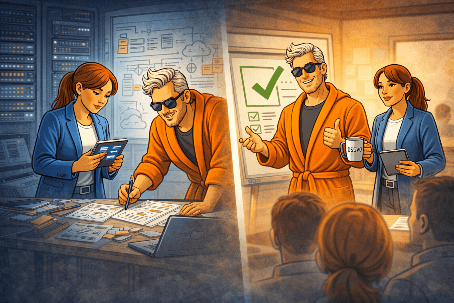 Comic-Illustration der a.s.k. Akademie Einsatzzentrale: Agentin Cipher und Datenschutz Dude arbeiten in einem Technikraum. Im rechten Teil des Bildes geben sie ihr Wissen aus der Praxis an Schulungsteilnehmer weiter