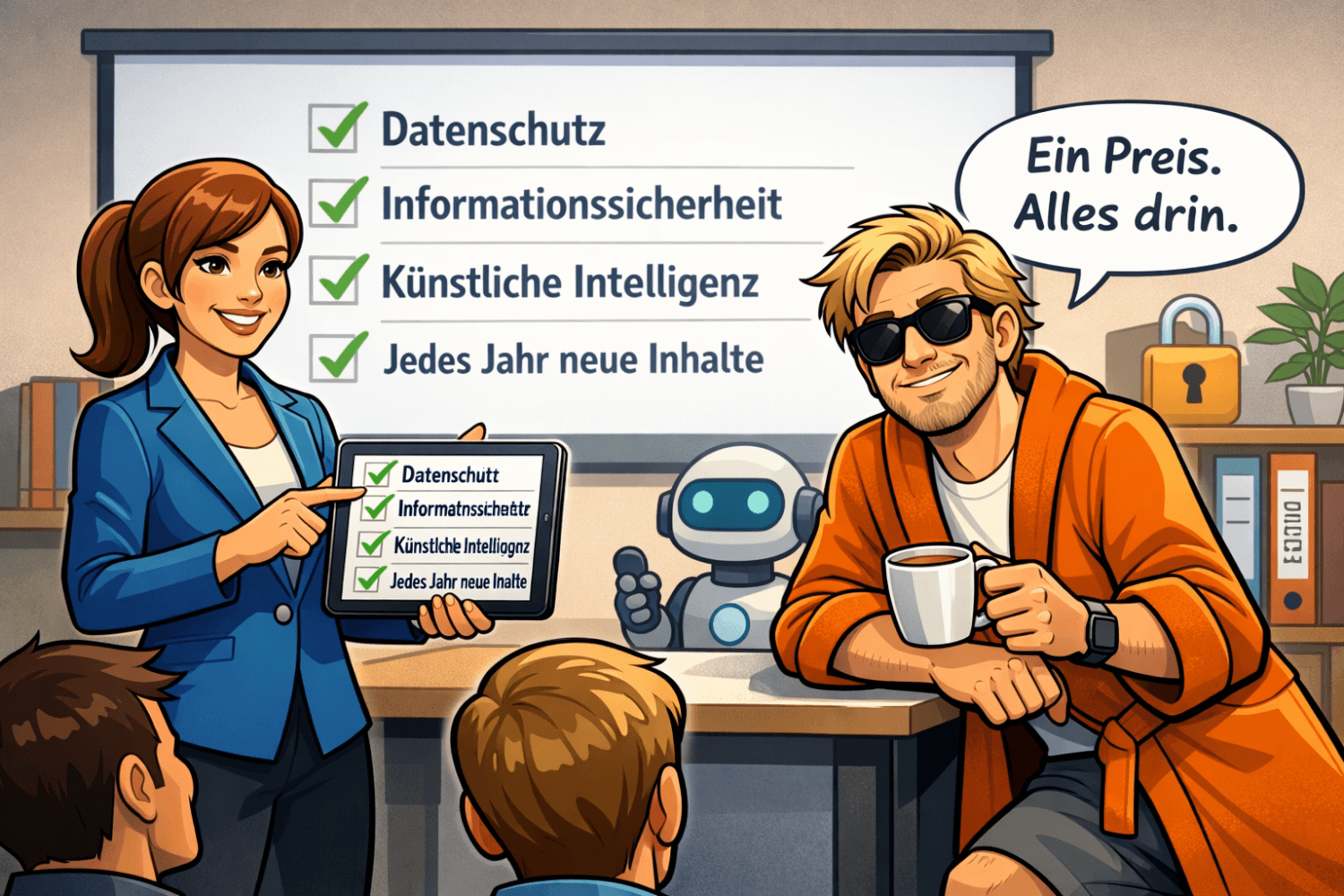 Illustration der a.s.k. Akademie mit Agentin Cipher und dem Datenschutz Dude, die die Schulungs-Flatrate für Datenschutz und IT-Sicherheit präsentieren