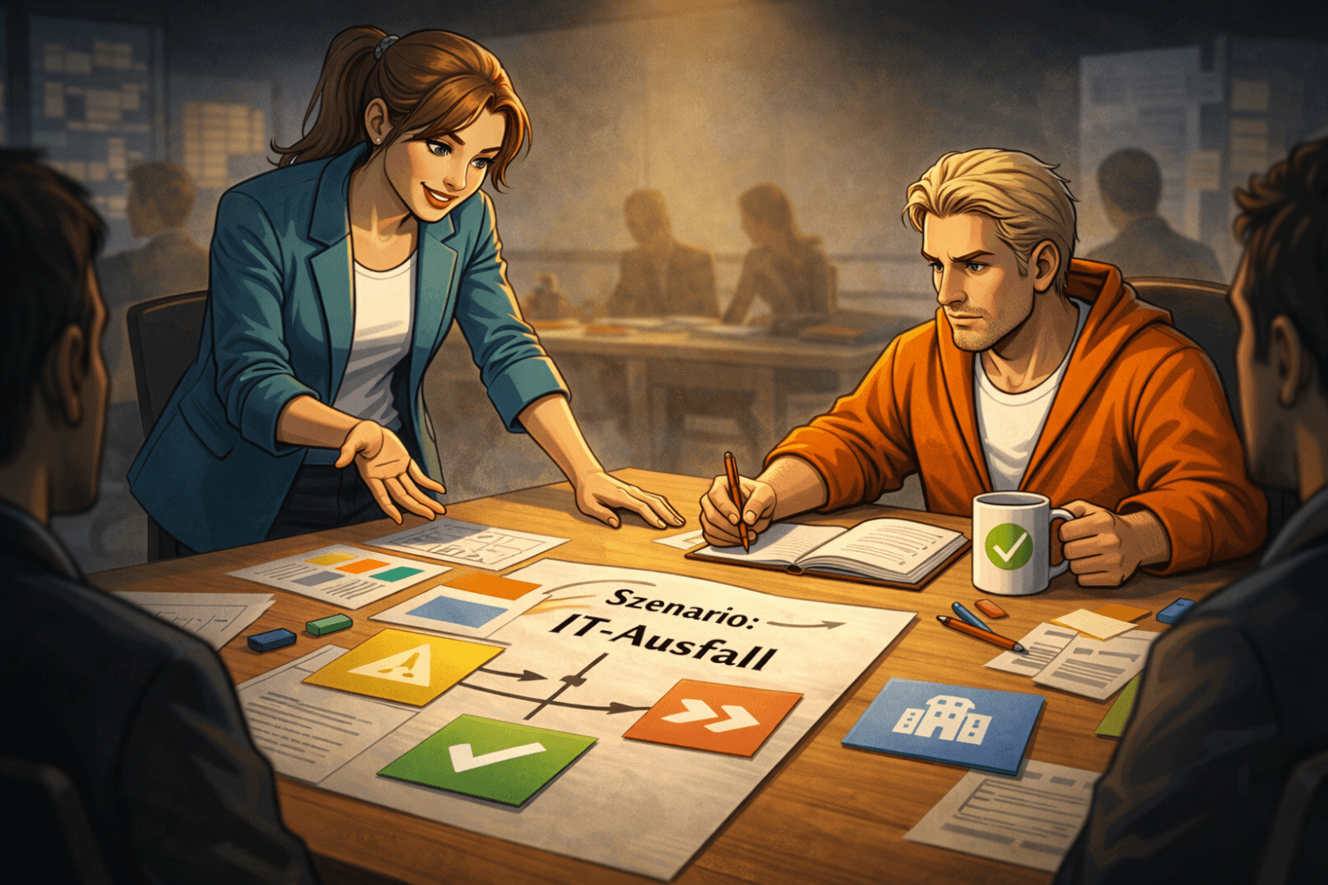 Agentin Cipher moderiert eine Tabletop-Übung am Konferenztisch. Der Datenschutz Dude schreibt konzentriert mit, Kaffeetasse in der Hand. Auf dem Tisch liegt ein Übungsplan mit "Szenario: IT-Ausfall". Symbolbild für die moderierten Krisensimulationen der a.s.k. Akademie.