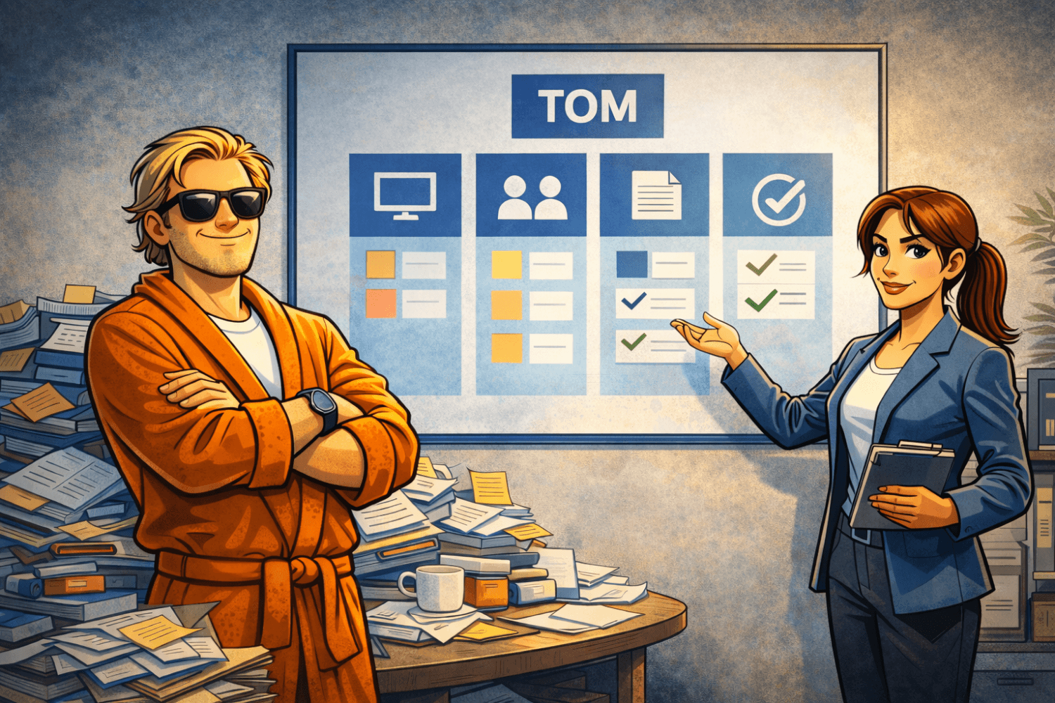 Agentin Cipher zeigt auf eine strukturierte Tafel mit technischen und organisatorischen Maßnahmen (TOM), während neben einem riesigen Papierchaos der Datenschutz Dude entspannt seinen Kaffee genießt