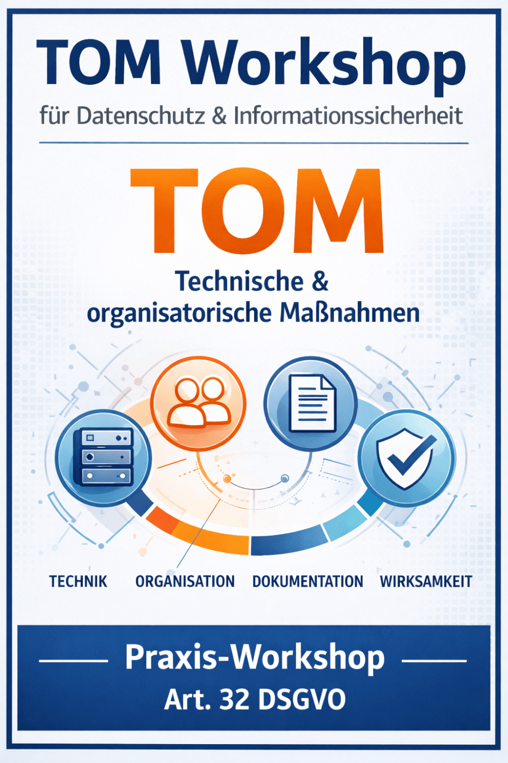 Ein grafisches Siegel-Badge für den TOM-Grundlagenkurs der a.s.k. Akademie mit Symbolen für Technik, Organisation und Dokumentation.