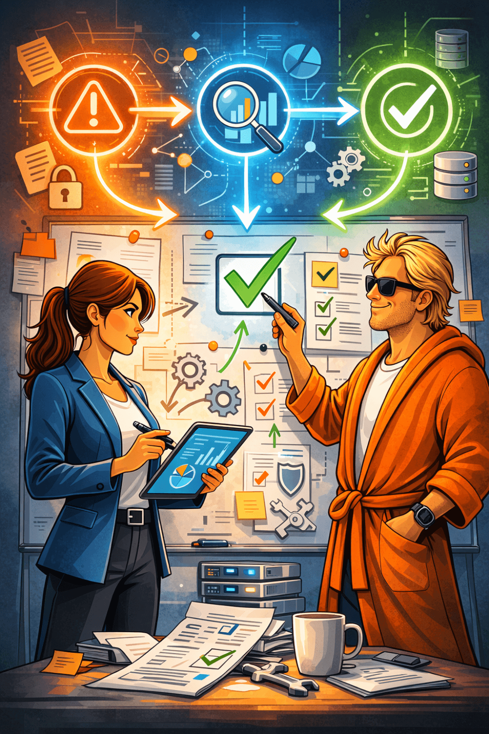 Agentin Cipher und der Datenschutz Dude arbeiten an einer Prozessgrafik für technische und organisatorische Maßnahmen. Über ihnen visualisiert eine Grafik den Weg von der Risikoerkennung zur erfolgreichen Umsetzung