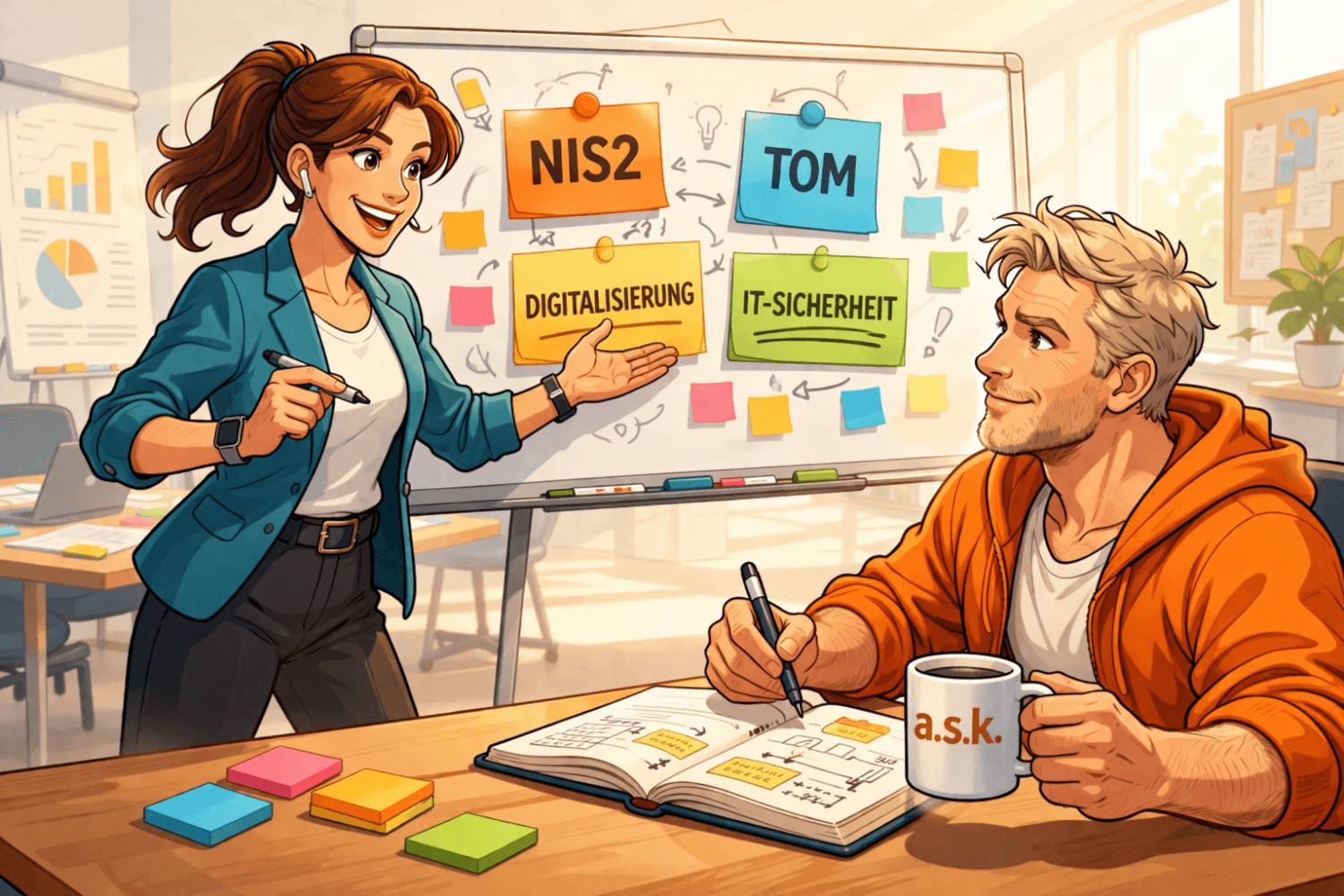 Agentin Cipher und der Datenschutz Dude in einem lebendigen Workshop – am Whiteboard Themen wie NIS2, TOM, Digitalisierung und IT-Sicherheit