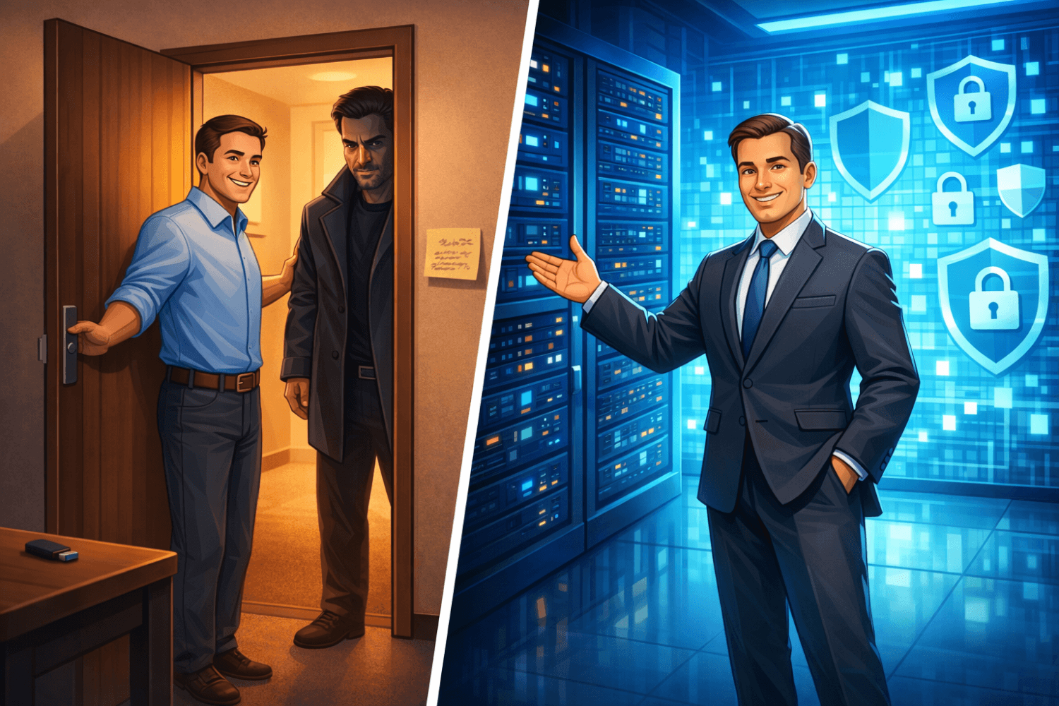 Stolzer Blick auf die Firewall, während ein Mitarbeiter einem bedrohlichen Besucher die Bürotür öffnet