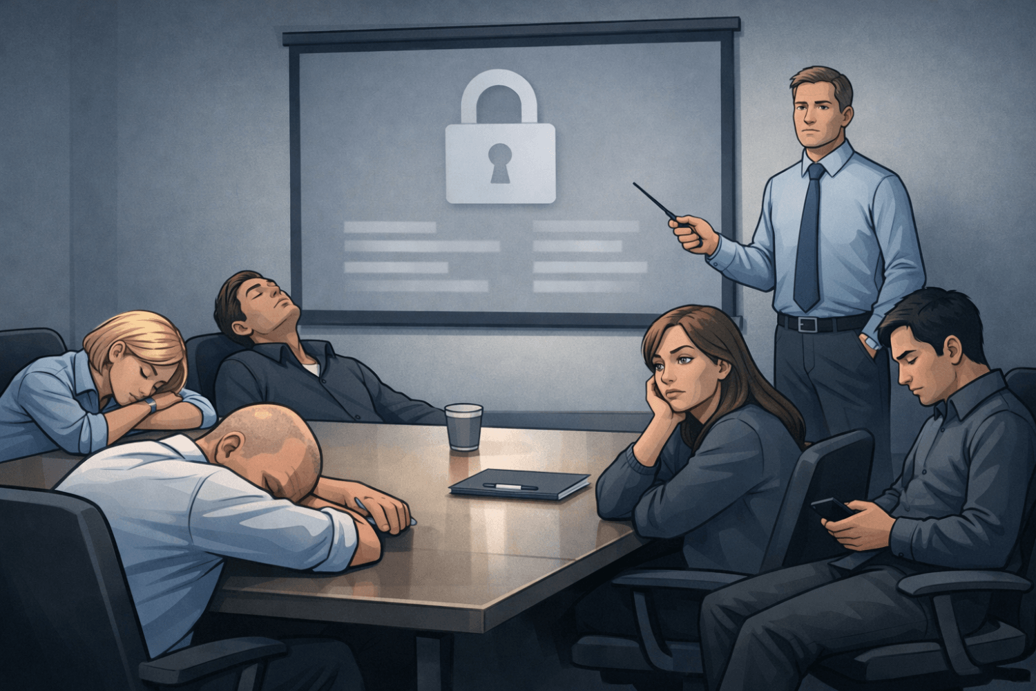 Eingeschlafene Teilnehmer in einer langweiligen Awareness-Schulung zu Informationssicherheit und Datenschutz
