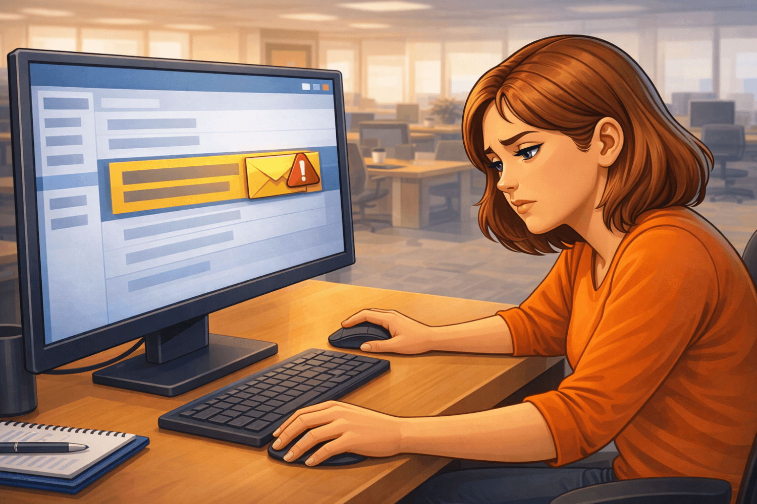 Büroangestellte ignoriert Sicherheits-E-Mail zur Informationssicherheit am Arbeitsplatz